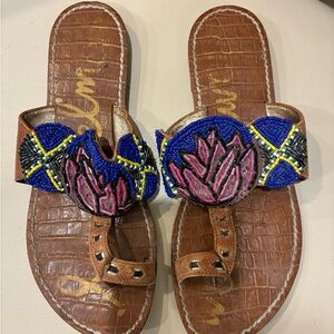 Sam Edelman Brown Sandals with Blue and Pink Beadwork